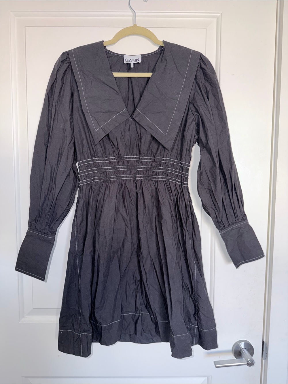 Ganni Dark Gray Sailor-Collar Long-Sleeve Dress